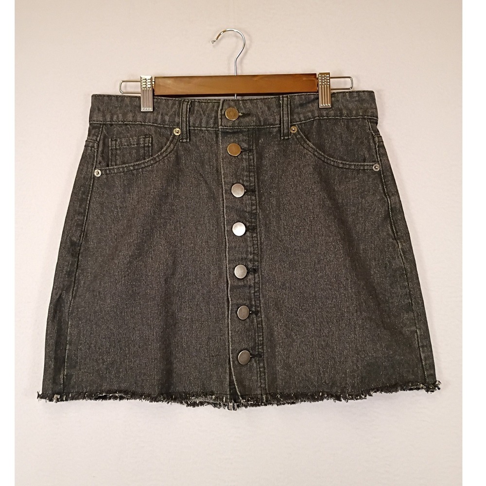 Edgy Grunge Mud Pie Womens Small Black Button Front Raw Hem Denim Mini Skirt
